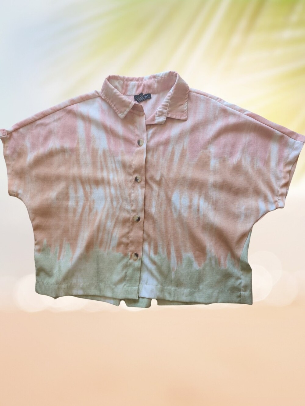 Tie-die Pink Orange And Green Collared Button Up Cropped Blouse Style House Sz M